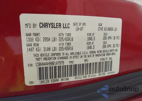 2008 Dodge Grand Caravan Se из США, поврежденный, VIN 1D8HN44H98B107979